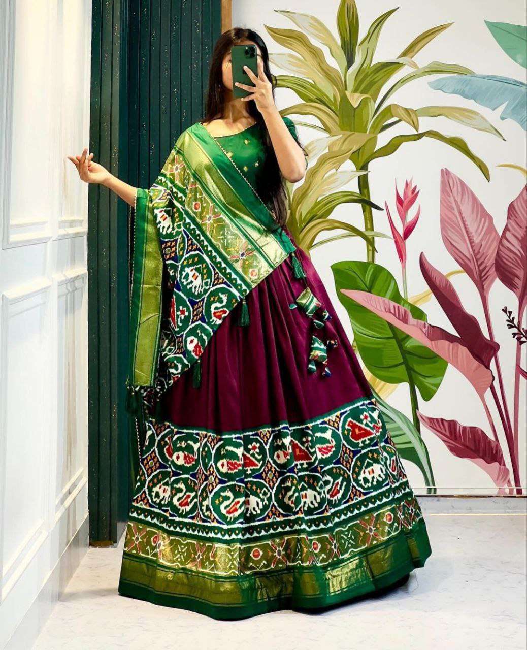 Women's Stitched Tussar Silk Patola Print Lehenga Choli Dupatta Set - Image 2