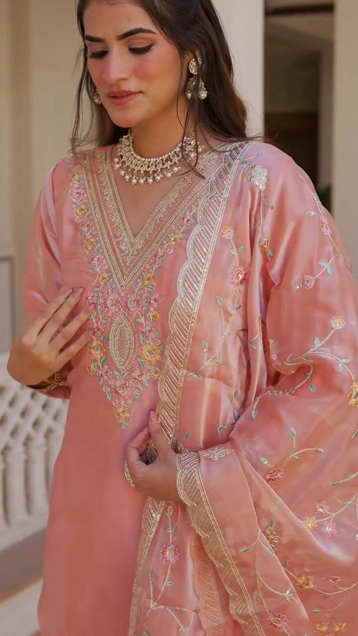 Women's Silk Heavy Embroidery Sequence Work Top-Bottom Straight Kurti With Pant and Dupatta set - Image 5
