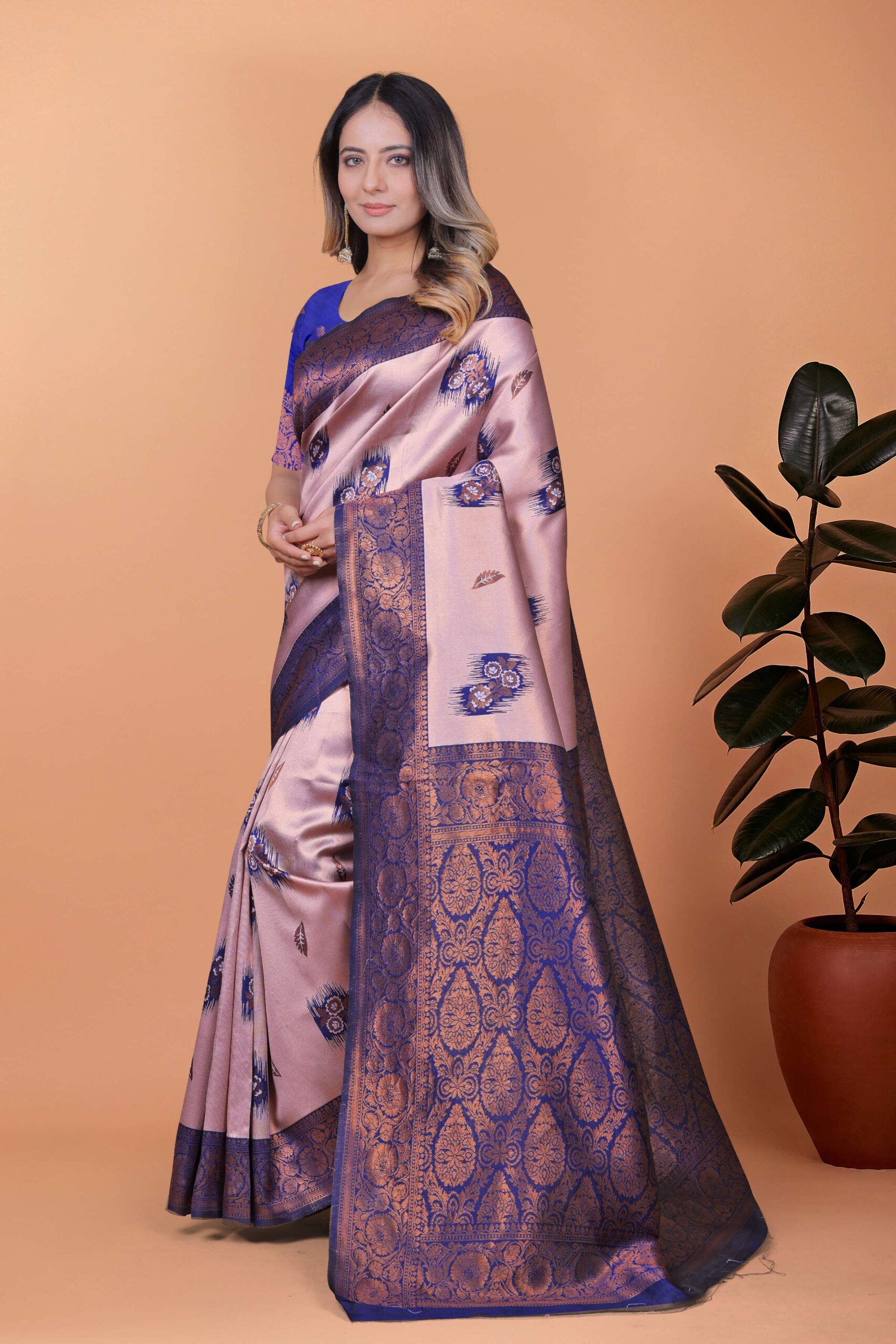 Lavender & Royal Blue Banarasi Silk Saree with Antique Gold Zari | Wedding & Festive Traditional Saree with Rich Pallu - Image 2