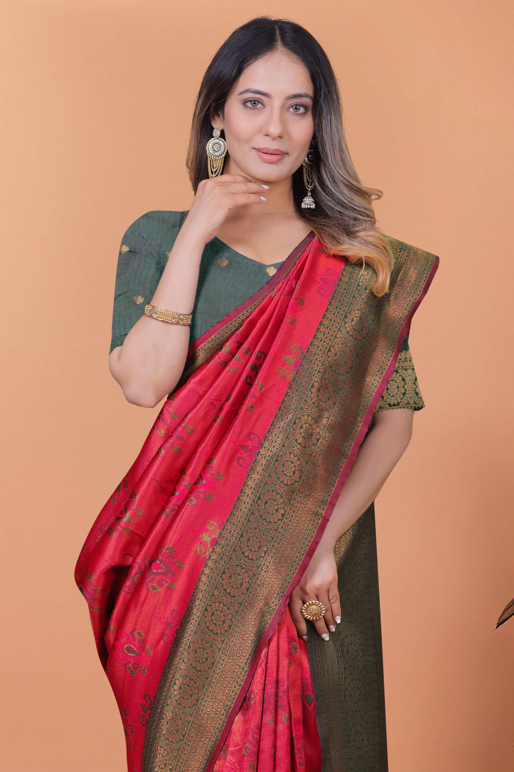 Crimson Majesty Banarasi Silk Saree in Cherry Red & Bottle Green with Zari Work | Wedding, Festive & Traditional Ethnic Wear - Image 2