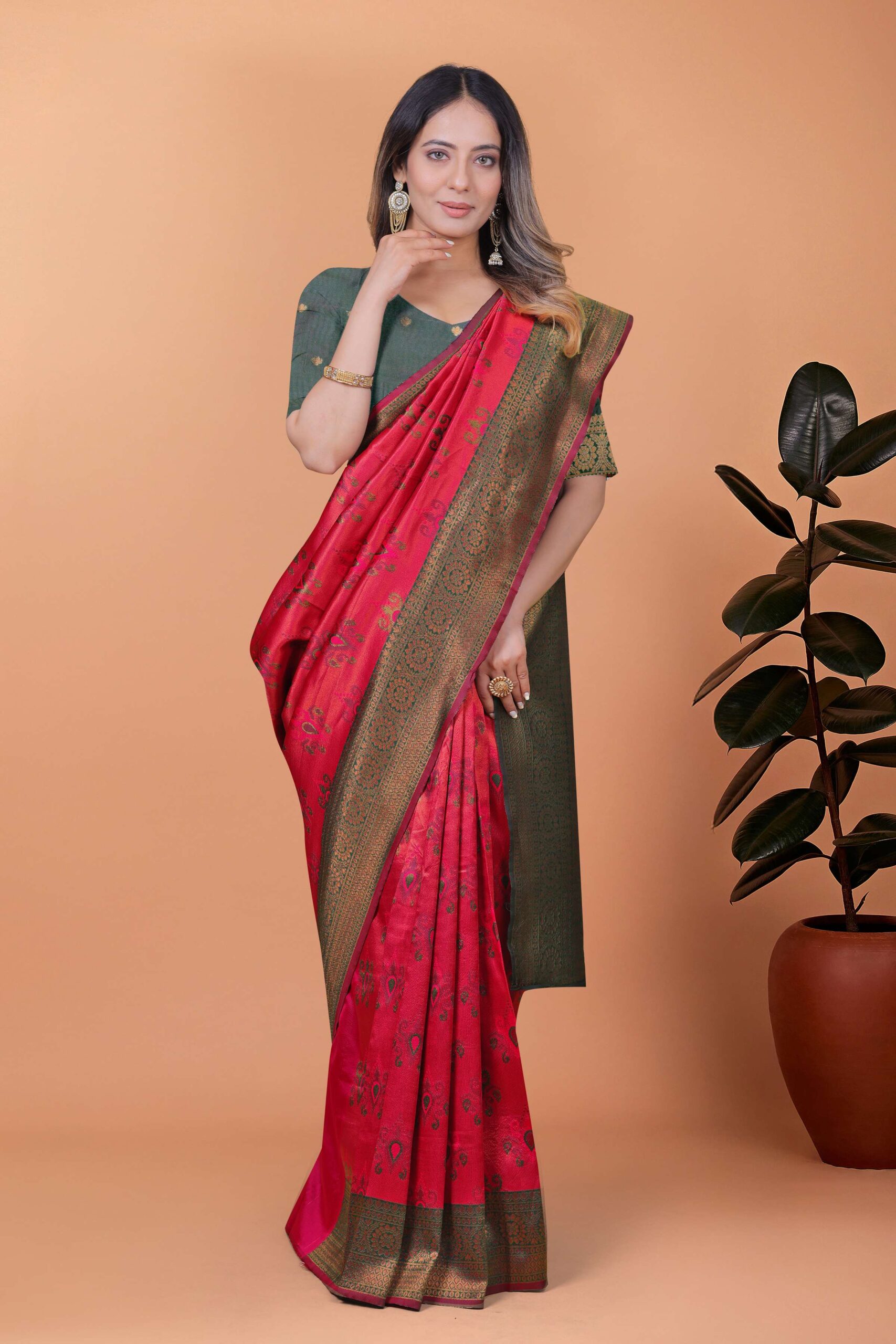 Crimson Majesty Banarasi Silk Saree in Cherry Red & Bottle Green with Zari Work | Wedding, Festive & Traditional Ethnic Wear - Image 3